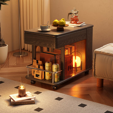Solid Wood Multi-functional Adjustable Mobile Side Cabinet with Lift up Table Top